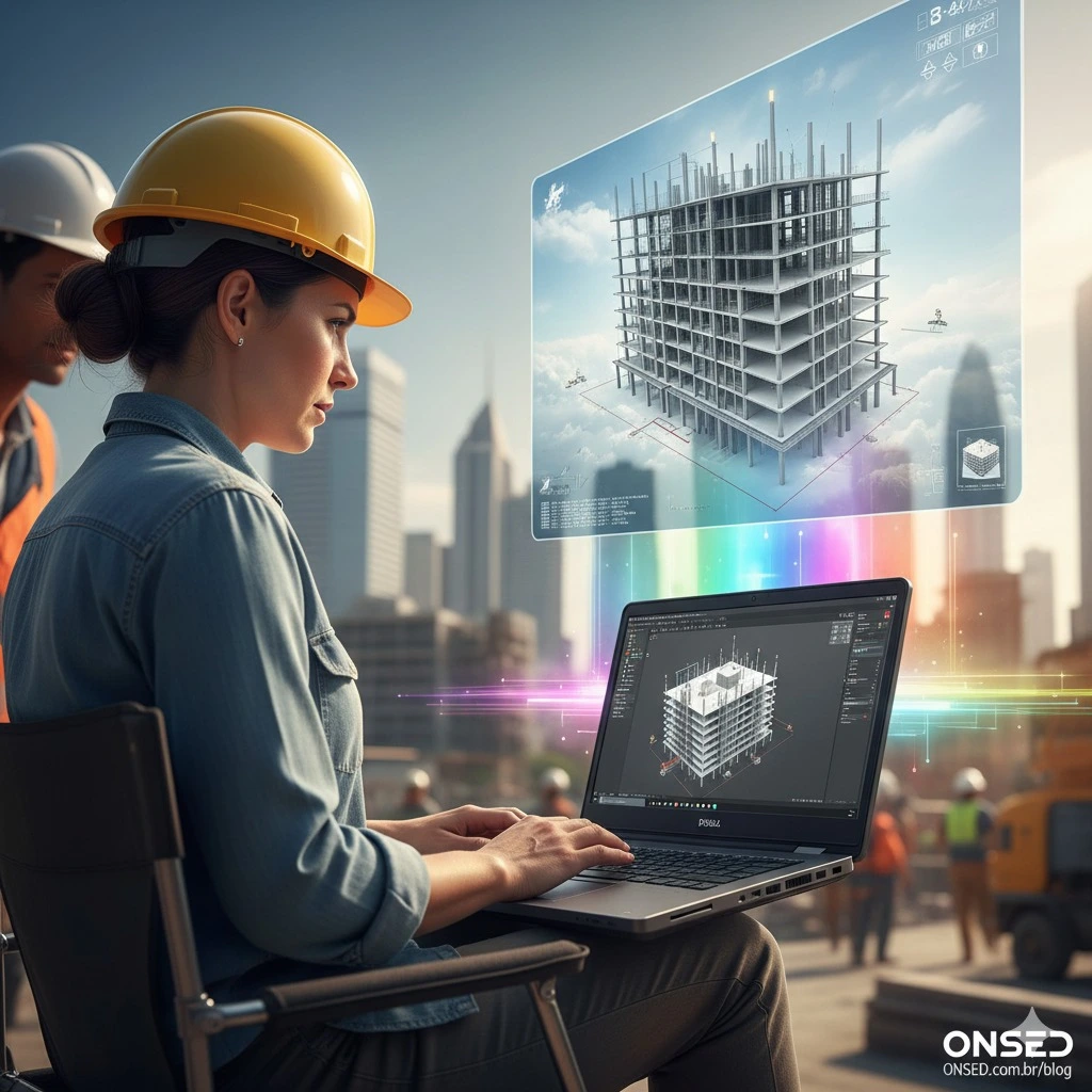 Profissional usando workstation Dell Precision mobile em canteiro de obras ou ambiente remoto, simbolizando mobilidade e alto desempenho.